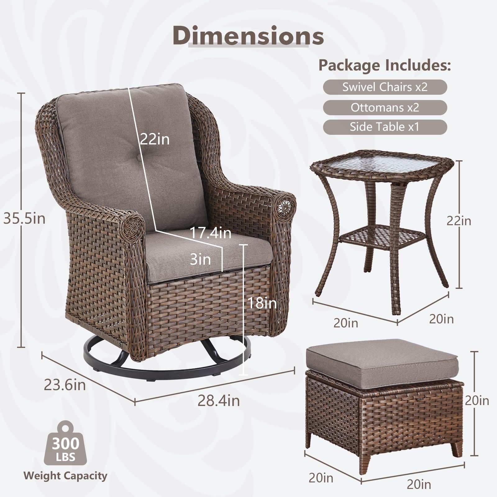 Outdoor Wicker Furniture Set for Patio - 5 Piece Outside Rattan Conversation Bistro Dining Chair Sets with Rocking Swivel Chairs, Ottomans and Side Table for Porch Yard Balcony – Brown/Grey