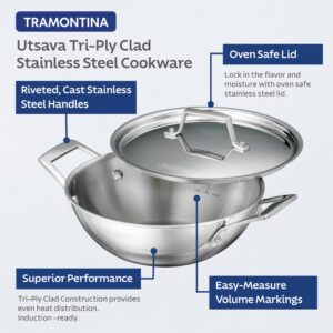 Tramontina Utsava 4-Quart Tri-Ply Clad Stainless Steel Kadai with Lid, Kadhai Pot for Indian Cooking