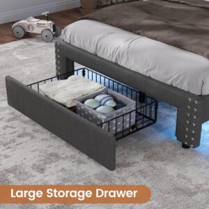 VIAGDO Twin Bed Frames with LED Lights, Upholstered Platform Bed Frame Twin Size with Storage Headboard and Charging Station, LED Twin Bed Frame, No Box Spring Needed, Dark Grey