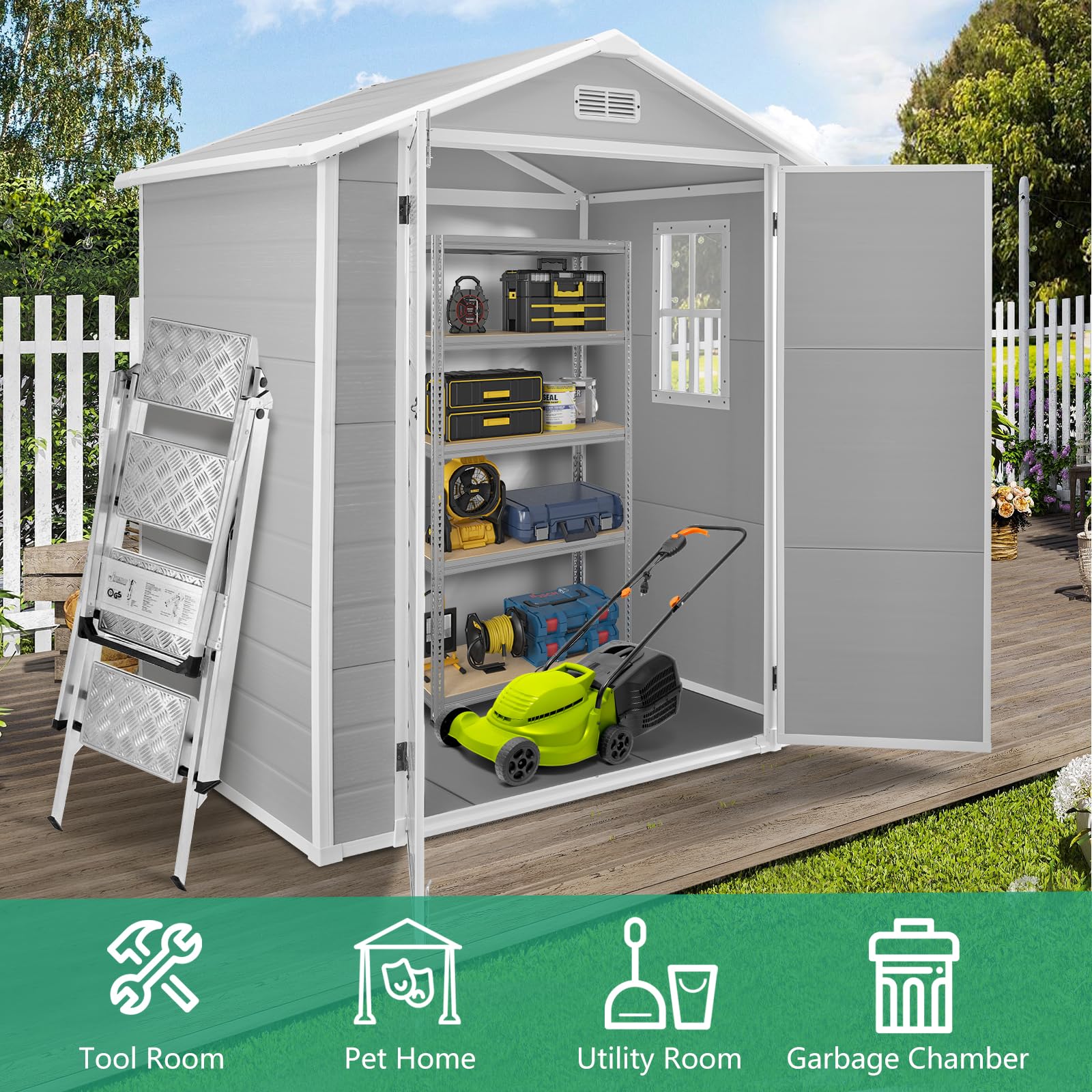 Seizeen 6x4.4ft Resin Shed with Floor, Waterproof Outdoor Plastic Garden Shed with Lockable Doors, Window & Vents, Outdoor Storage Shed for Storing Patio Furniture, Tools, Bike and Lawn Mower (Gray)