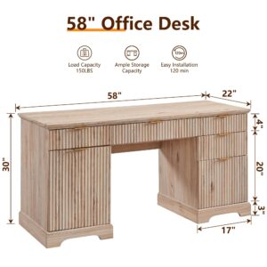 JXQTLINGMU 58" Modern Executive Desk with Storage, Wood Home Office Desk with 5 Drawers & 1 Cabinet, Fluted Computer Writing Desk for Study, Living Room, Bedroom, Natural Oak