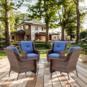 Patio Chairs Outdoor Wicker Armchair Set of 4 - Heavy Duty Outside Rattan Lawn Chair for Front Porch Balcony Backyard Yard Deck Poolside Apartment – Brown/Blue