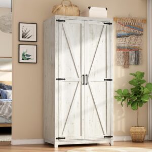 LUXOAK 70" Large Armoire Wardrobe Closet with Hanging Rod, Farmhouse Clothing Storage Cabinet with 2 Barn Doors, Wooden Tall Bedroom Armoires with Shelf, Distressed White