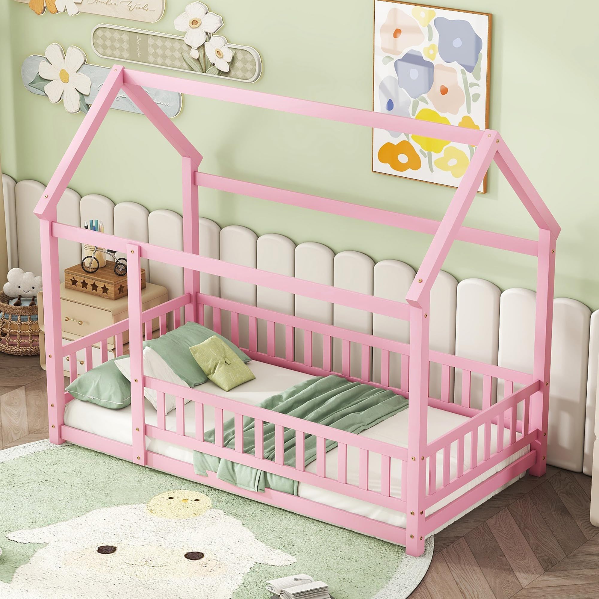 Twin Size House Bed Frame for Kids,Wooden Montessori Floor Bed with Fence and Roof,Floor Bed Frame Twin Size, Twin Bed Frame for Girls,Boys(Twin,Pink)