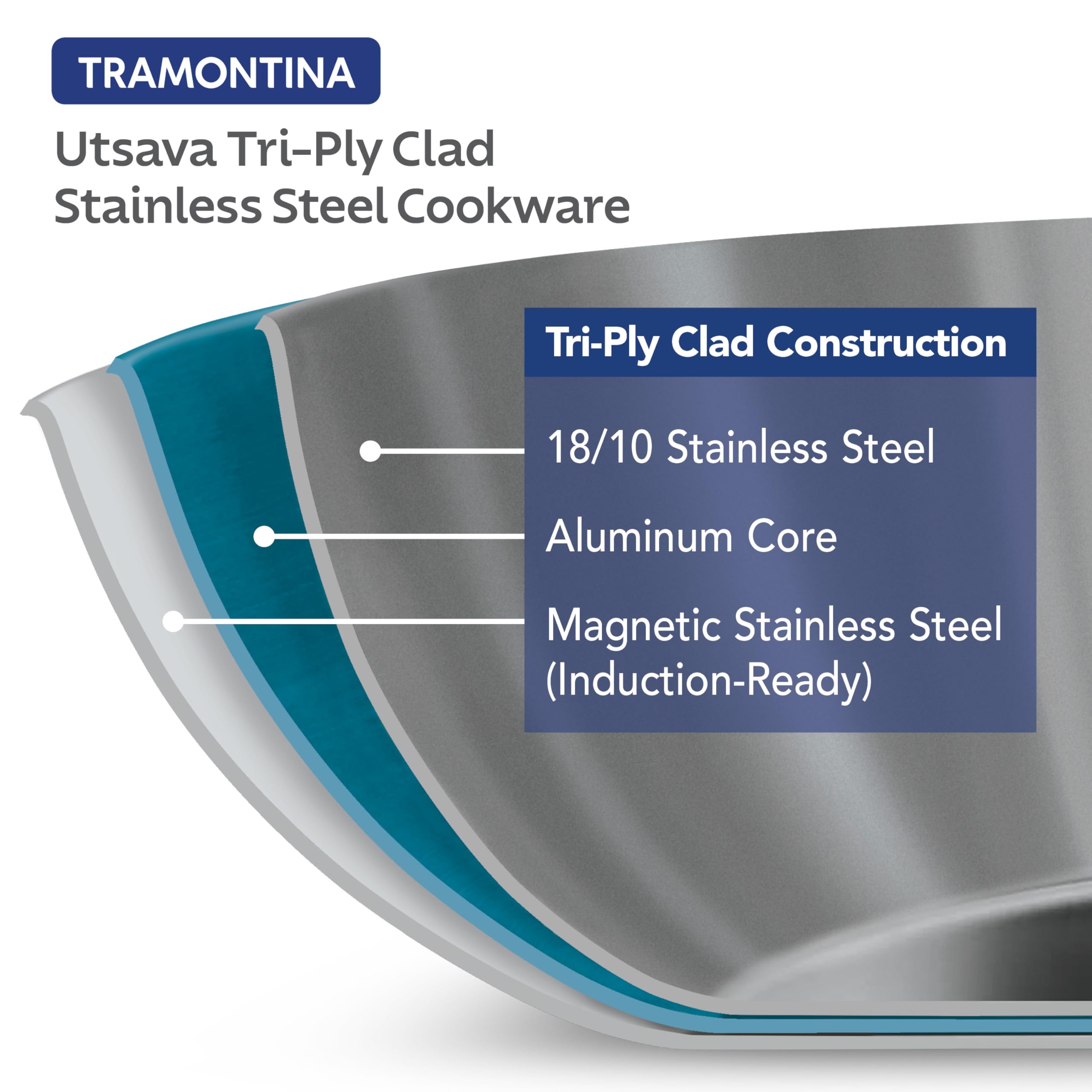 Tramontina Utsava 4-Quart Tri-Ply Clad Stainless Steel Kadai with Lid, Kadhai Pot for Indian Cooking