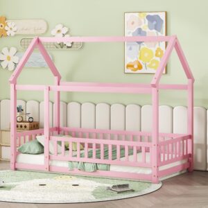 twin size house bed frame for kids,wooden montessori floor bed with fence and roof,floor bed frame twin size, twin bed frame for girls,boys(twin,pink)