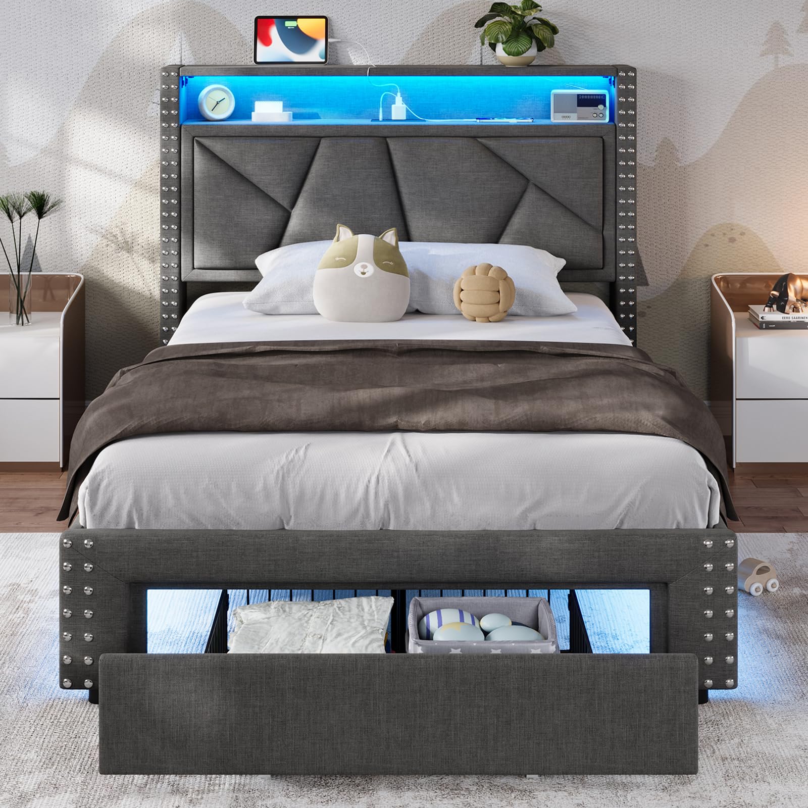 VIAGDO Twin Bed Frames with LED Lights, Upholstered Platform Bed Frame Twin Size with Storage Headboard and Charging Station, LED Twin Bed Frame, No Box Spring Needed, Dark Grey