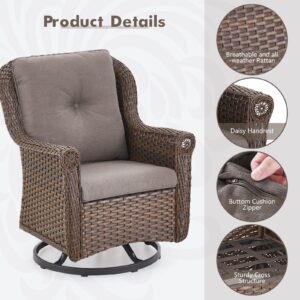 Outdoor Wicker Furniture Set for Patio - 5 Piece Outside Rattan Conversation Bistro Dining Chair Sets with Rocking Swivel Chairs, Ottomans and Side Table for Porch Yard Balcony – Brown/Grey