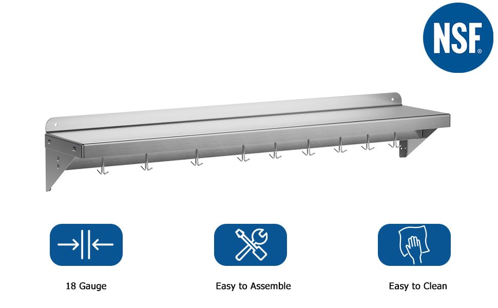 TrailBlaze 12" x 48" NSF Certified Stainless Steel Wall Mount Shelf - Multifunctional Metal Storage Rack with Backsplash and 7 Hooks for Hanging Pots, Pans,Cookware in Home and Restaurant