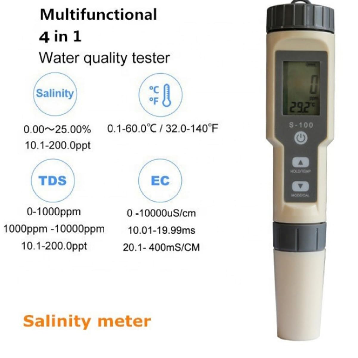 HAWILLOSCH Water Salimeter Temperature Tester Tds Water Quality Testing Pen Salt Meter Salt Water Gravimeter Hydrometer Water Quality Tester Light Grey