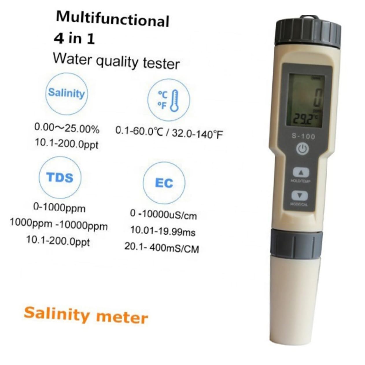 GARVALON Water Quality Tester Temperature Tester Hydrometer Tds Water Quality Testing Pen Water Salimeter Salt Meter Salt Water Gravimeter Light Grey