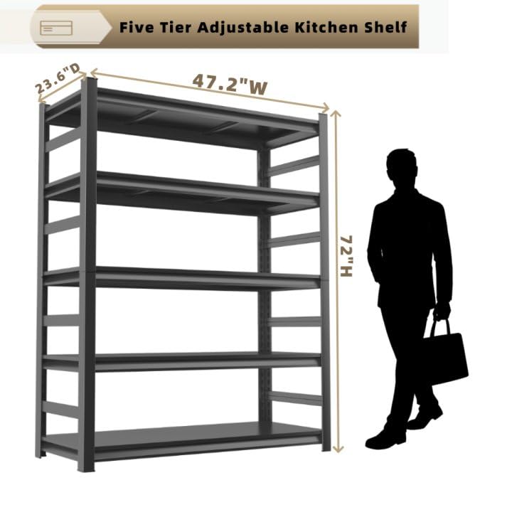 BEESTMUEBLE 5-Tiers Adjustable Storage Shelves, Kitchen Organizers and Storage Rack, Pantry Storage Shelves, 2500LBS Load Capacity, Kitchen Storage Shelf, 47.2” W×23.6” D×72” H, Black