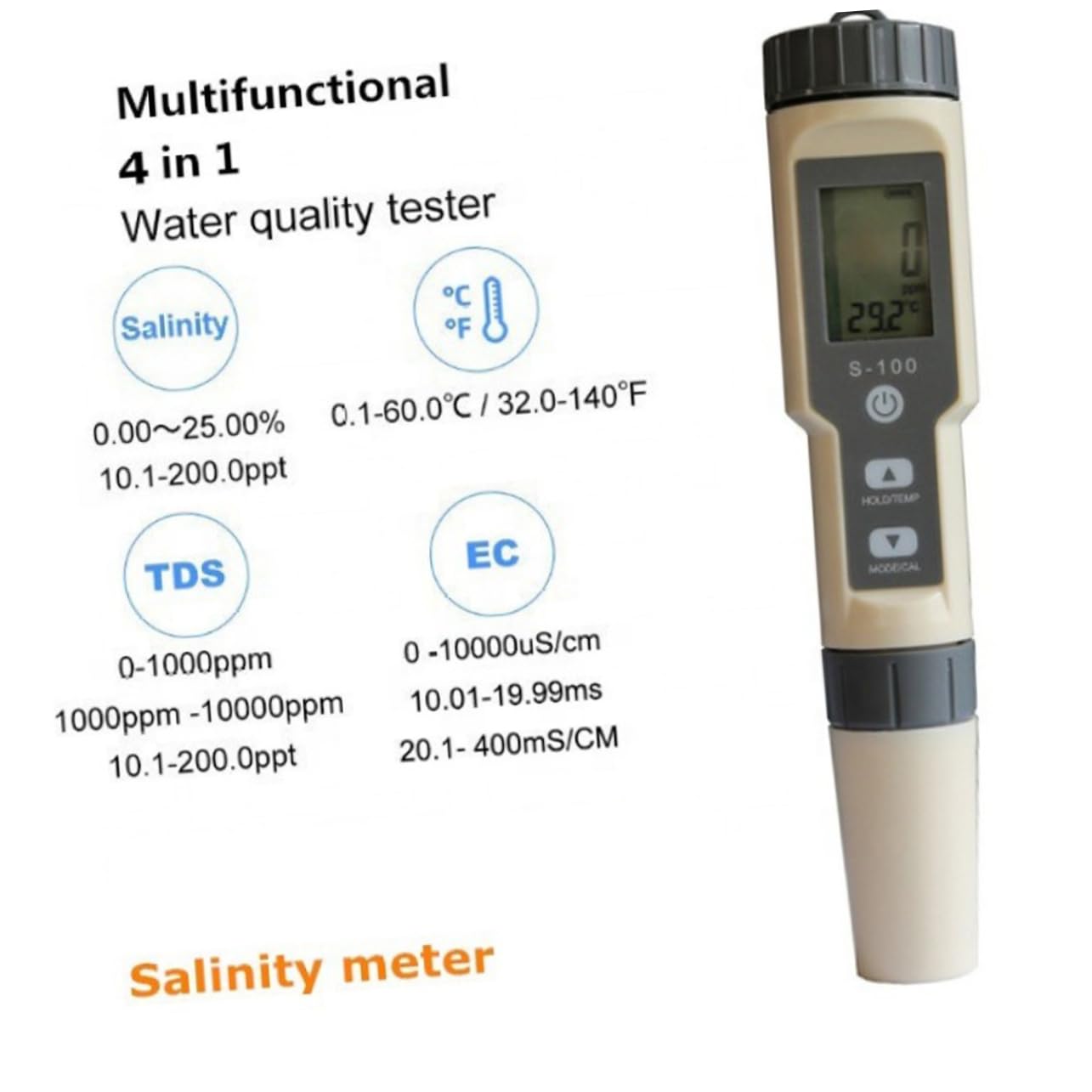 JECOMPRIS Water Quality Tester Water Salimeter Hydrometer Tds Water Quality Testing Pen Temperature Tester Salt Water Gravimeter Salt Meter Light Grey