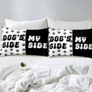 Cute Dog Paws Print Duvet Cover Set Queen Size,Dog Side My Side Bedding Set,Boys Girls Room Decor,Kawaii Puppy Animal Pet Rustic Comforter Cover,Black White Quilt Cover,2 Pillowcases(No Comforter)