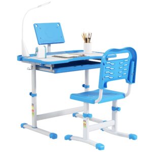 qaba kids desk and chair set, height adjustable school desk chair set with tilt desktop, usb light, storage drawer for study, activities, arts, or crafts, blue and white