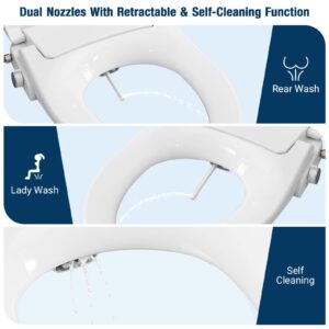 KZH Bidet Toilet Seat Non-Electric, Elongated Bidet Toilet Seat with Quiet-Close, Adjustable Self-Cleaning Nozzles, White - Dual Nozzle System