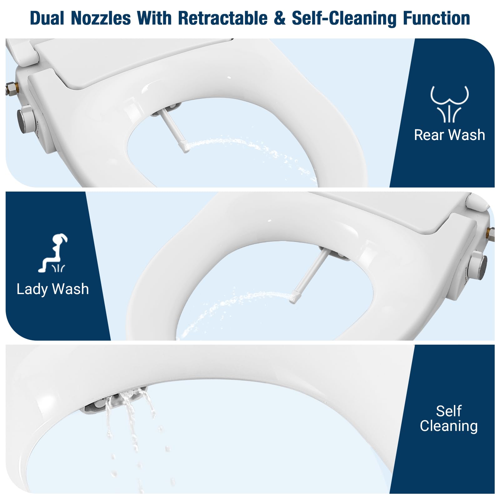 KZH Bidet Toilet Seat Non-Electric, Elongated Bidet Toilet Seat with Quiet-Close, Adjustable Self-Cleaning Nozzles, White - Dual Nozzle System