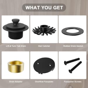 Matte Black Tub Drain Stopper Bathtub Drain, Hair Catcher and Two-Hole Overflow Faceplate,11.5/16 UNC Bathtub Drain, Premium Brass Lift and Turn Twist Tub Drains Replacement Trim Kit,Tub Stopper