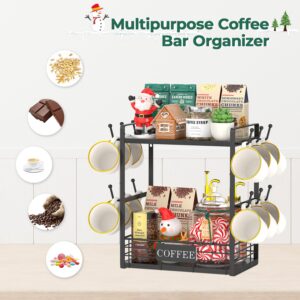 EsLuker.ly 2 Tier Coffee Bar Organizer Countertop Station Shelf for Home Office, Multi-functional Coffee Mug Cup Holder Stand, Accessory Storage Rack with 12 Hooks, Space-Saving Coffee Nook Enhancer