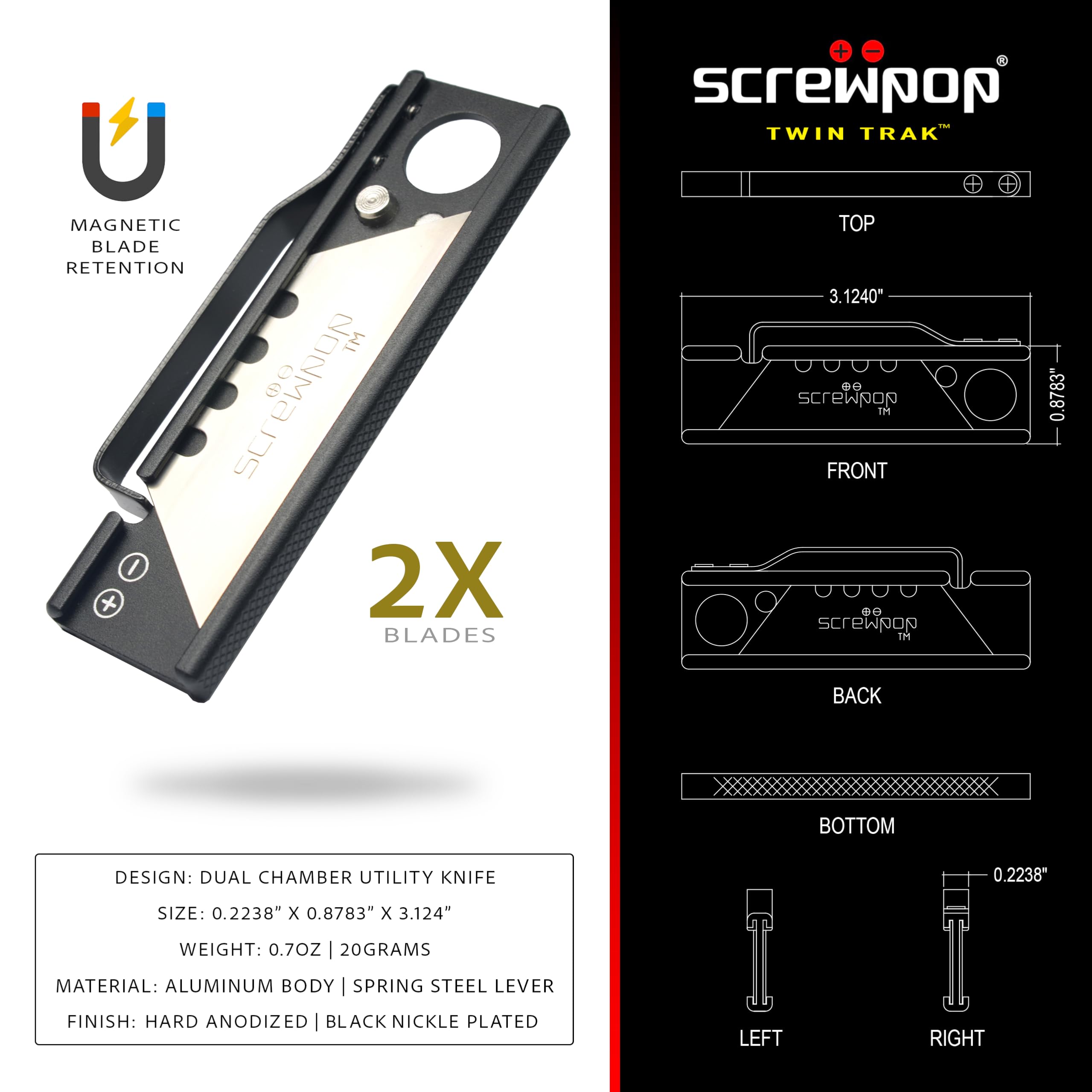 Twin Trak Dual Chamber Utility Knife (Right | Left Hand Users) Backup Blade Holder for Keychain or Carabiner Attachment Type II Hard Anodized Aluminum Body and Nickle Plated Spring Steel Lever Black