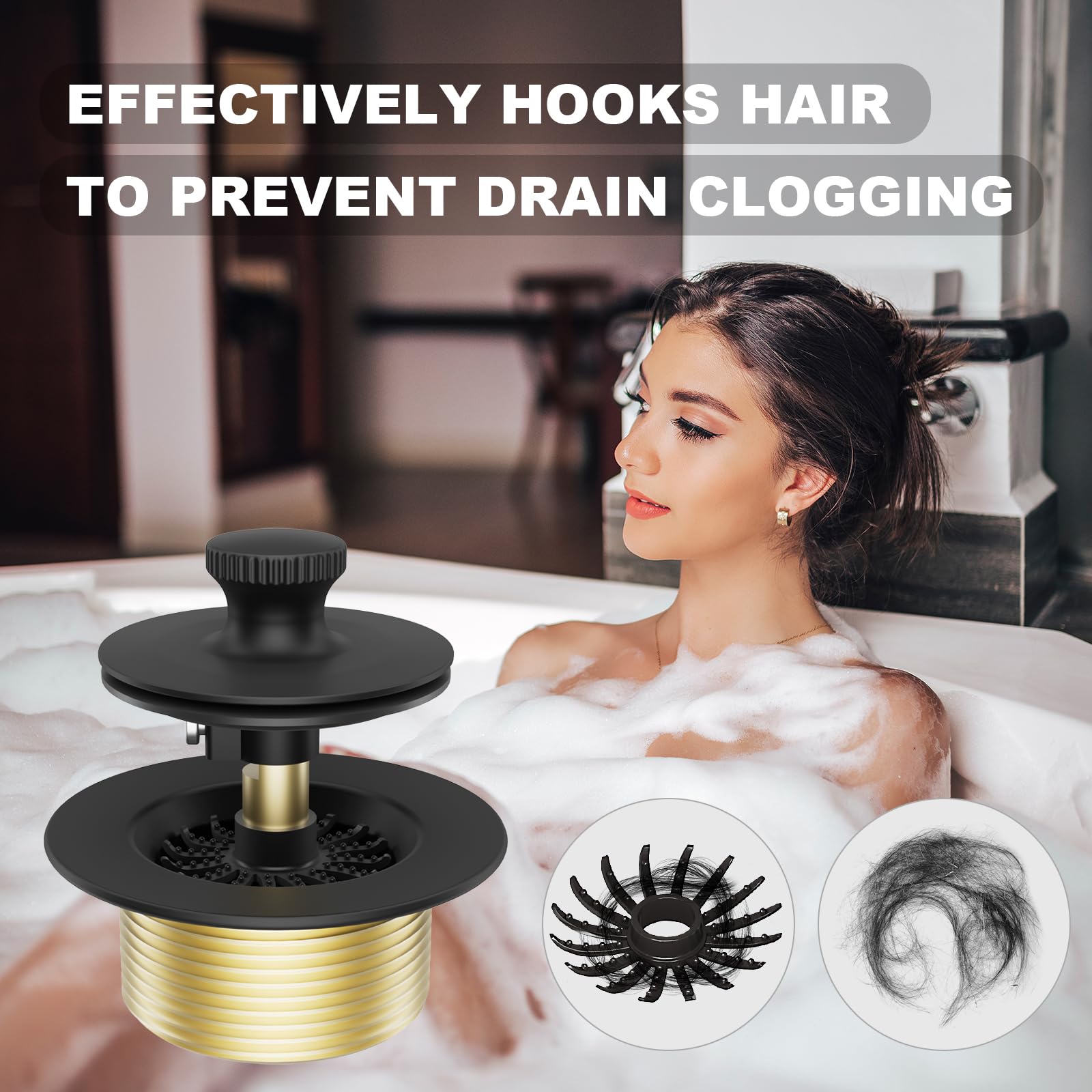 Matte Black Tub Drain Stopper Bathtub Drain, Hair Catcher and Two-Hole Overflow Faceplate,11.5/16 UNC Bathtub Drain, Premium Brass Lift and Turn Twist Tub Drains Replacement Trim Kit,Tub Stopper