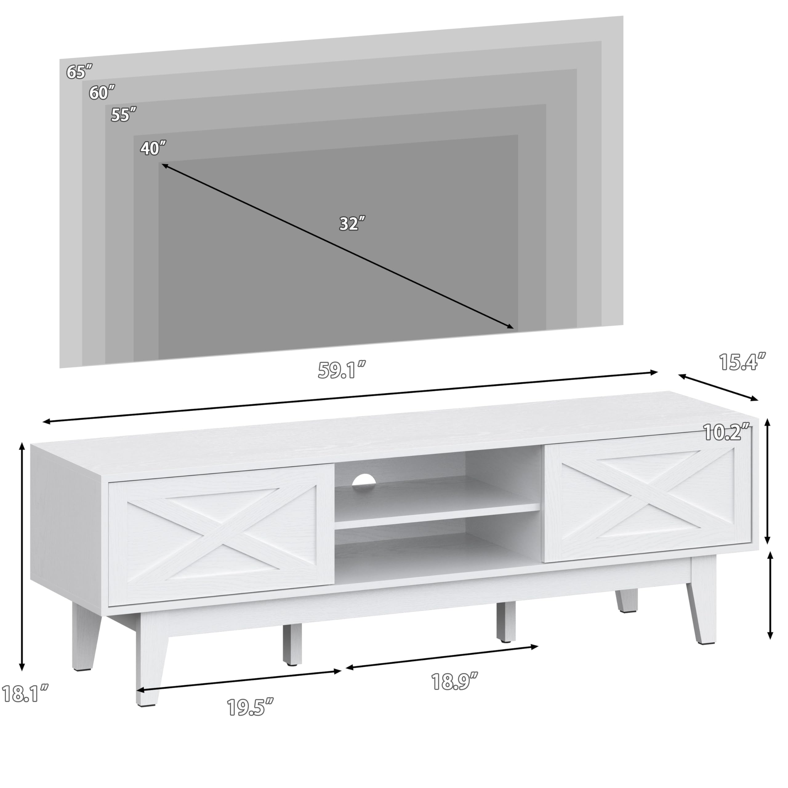 TV Stand for 55/60/65 Inch TV, Farmhouse Entertainment Center with Shelves, Cabinets and Sliding Doors, Rustic TV Media Console Table with Solid Wood Feet & Cord Holes for Living Room, Bedroom, White