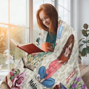 SATIGI Personailized Book Blanket, Just A Girl Who Loves Book Blanket, Customize Book Reading Blanket and Throw Book Lovers Daughter Gift (Girl Love Book Design 01, Small/Medium/Large/X-Large)