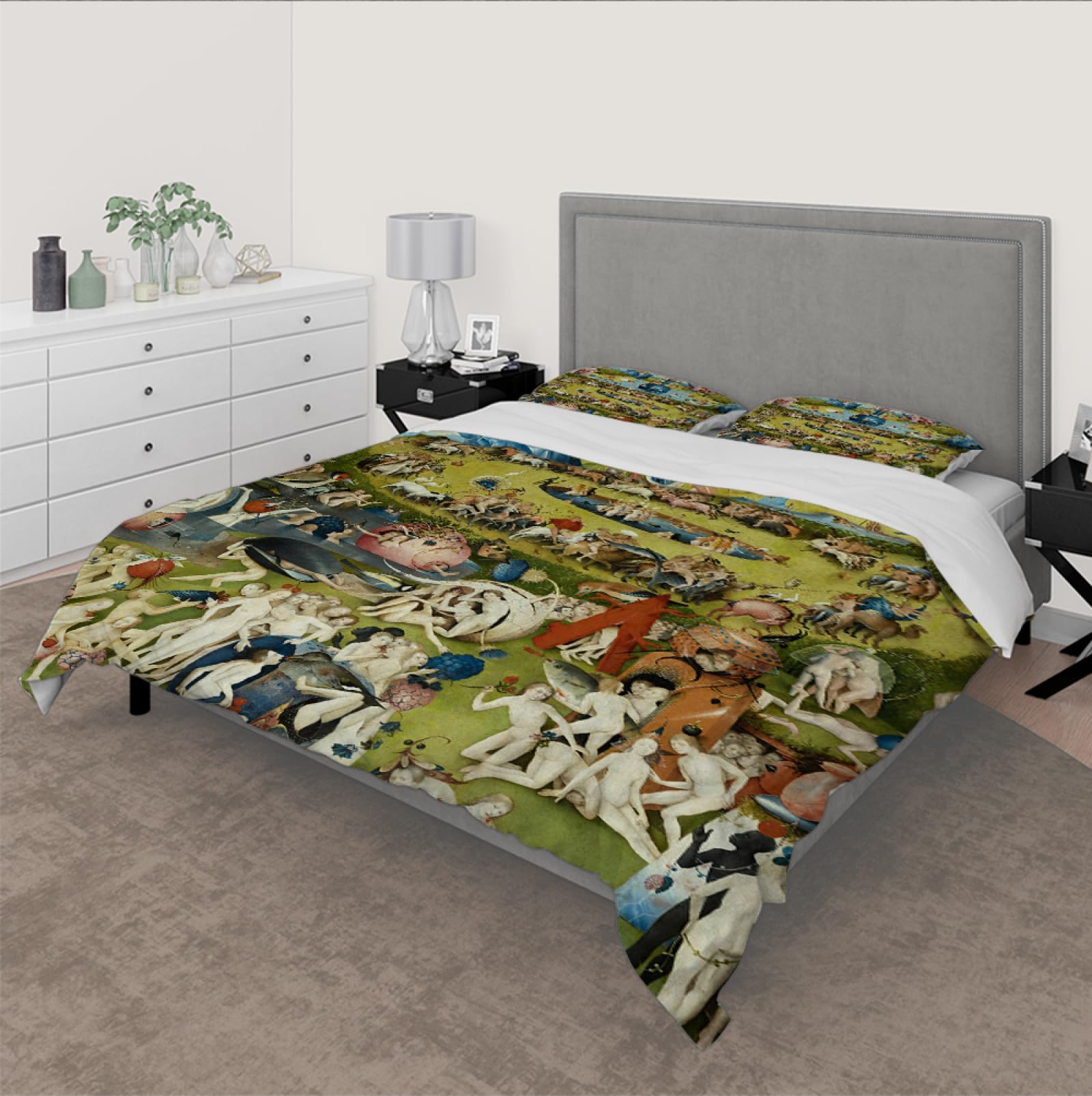 OLLIAR Home Surrealism Duvet Cover Set The Garden of Earthly Delights Classic Famous Painting Prints Bedding Set Soft 3-Piece 2 Pillow Shams Oversized Queen Size