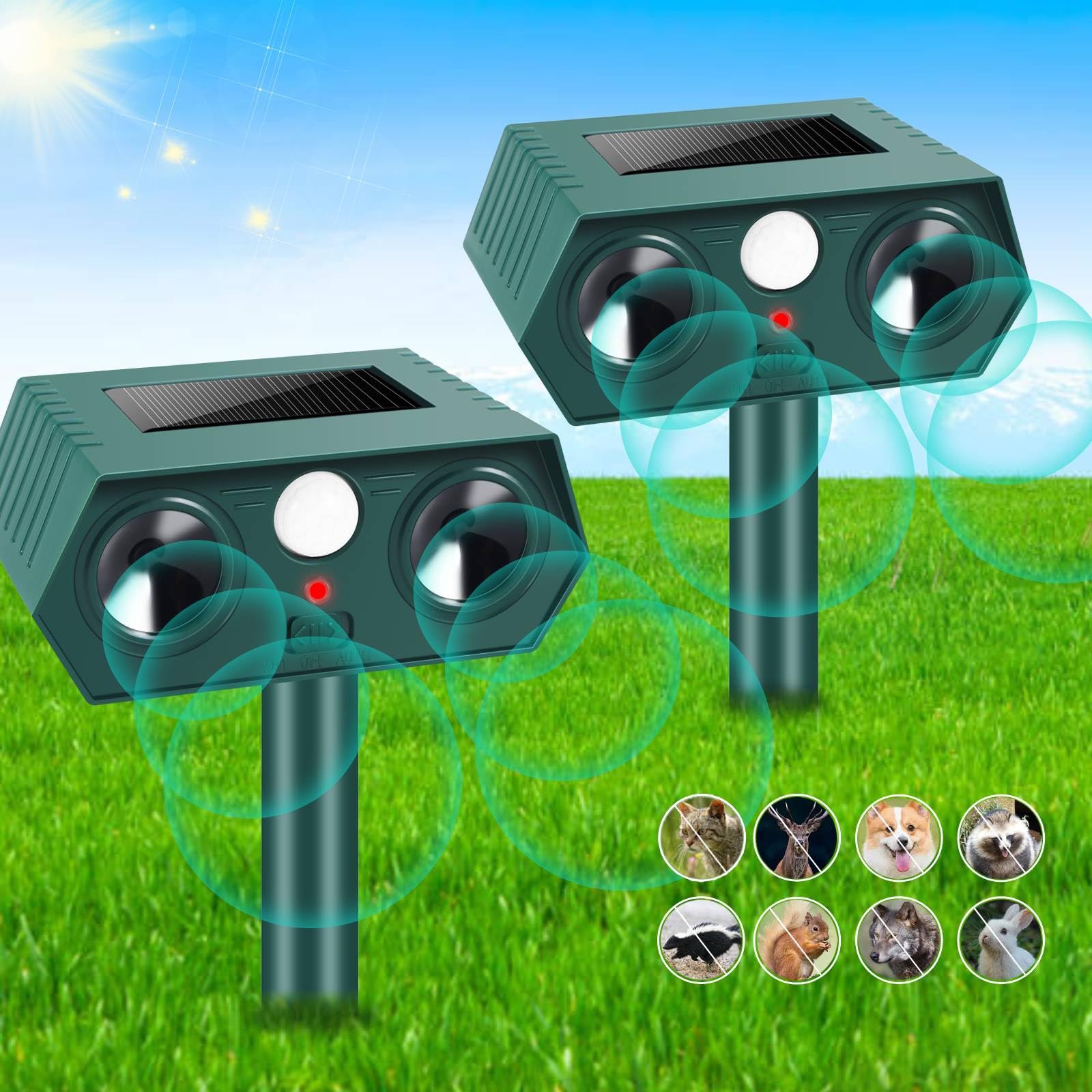 2 Pack Solar Animal Repeller Outdoor Ultrasonic Cat Deterrent with PIR Motion Sensor for Yard, Deer Repellent Skunk Repellent Dog Repellent for Cat Deer Rabbit Skunk Dog Coyote Raccoon Bird