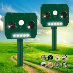 2 pack solar animal repeller outdoor ultrasonic cat deterrent waterproof raccoon repellent with motion sensor flash light to keep bird raccoon cat deer skunk dog rabbit out of yard permanently