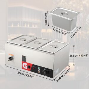 Commercial Food Warmer 3x6.3QT - Electric Steam Table 1200W, Stainless Steel Buffet Bain Marie, 86-185°F Temp Control, for Catering & Restaurants