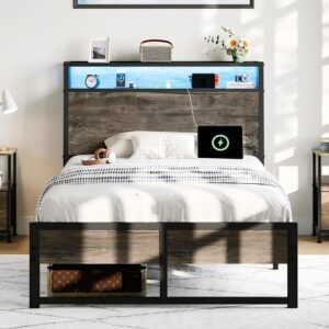 revominca twin bed frame with charging station and led lights, ergonomic headboard, metal platform bed frame with storage shelves, heavy duty steel slats, no noise, easy assembly