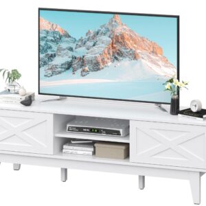 TV Stand for 55/60/65 Inch TV, Farmhouse Entertainment Center with Shelves, Cabinets and Sliding Doors, Rustic TV Media Console Table with Solid Wood Feet & Cord Holes for Living Room, Bedroom, White