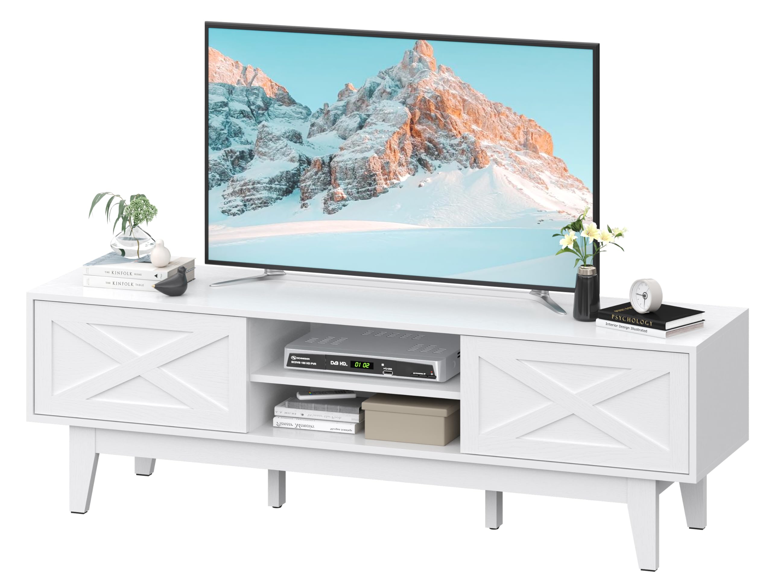 TV Stand for 55/60/65 Inch TV, Farmhouse Entertainment Center with Shelves, Cabinets and Sliding Doors, Rustic TV Media Console Table with Solid Wood Feet & Cord Holes for Living Room, Bedroom, White