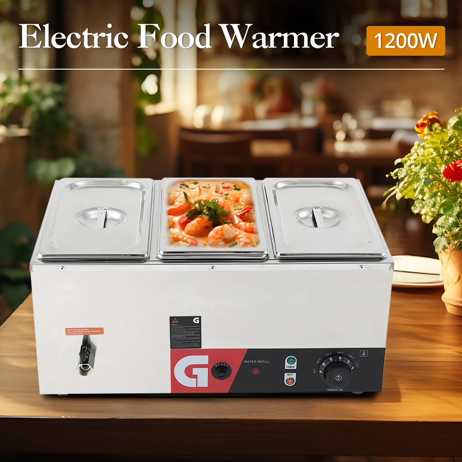 Commercial Food Warmer 3x6.3QT - Electric Steam Table 1200W, Stainless Steel Buffet Bain Marie, 86-185°F Temp Control, for Catering & Restaurants