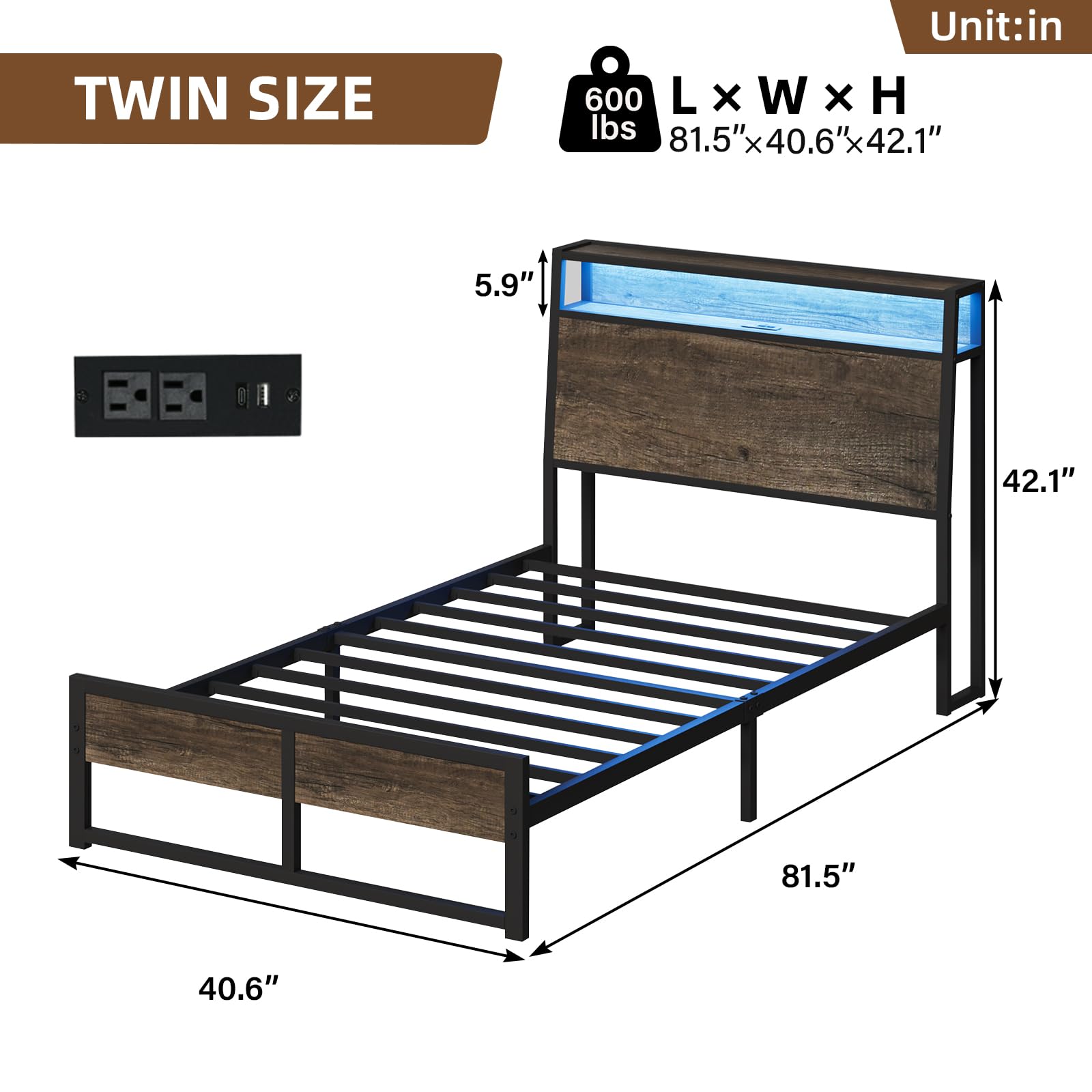 REVOMINCA Twin Bed Frame with Charging Station and LED Lights, Ergonomic Headboard, Metal Platform Bed Frame with Storage Shelves, Heavy Duty Steel Slats, No Noise, Easy Assembly