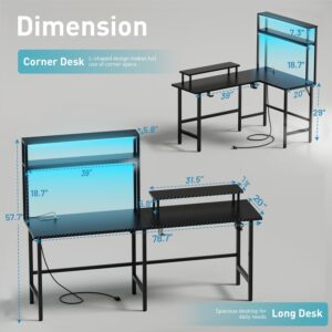 HLDIRECT L Shaped Gaming Desk, Reversible 59 Inch Computer Desk with Power Outlet & LED Lights- L Shaped Desk with Shelves and Monitor Stand, Carbon Fiber Corner Desk with Cup Holder & 2 Hooks