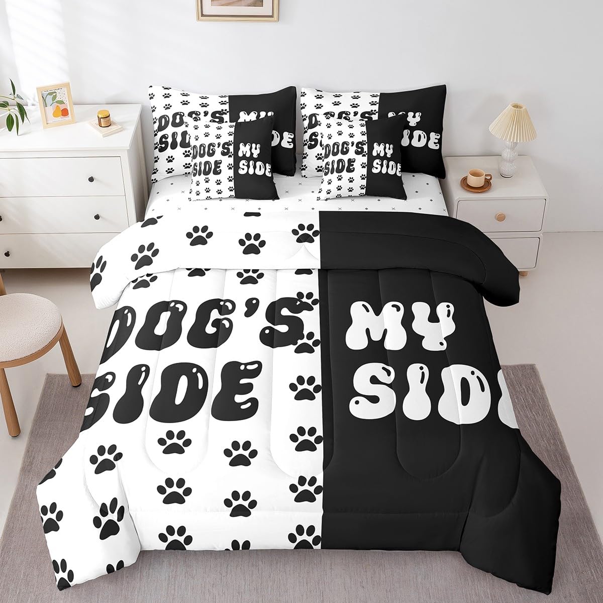 7 Pieces King Size Cute Dog Paws Print Comforter Set,Dog Side My Side Bedding Set for Boys Girls,Kawaii Puppy Animal Pet Rustic (Comforter+Fitted+Flat Sheet+2 Pillowcases+2 Throw Pillow Covers)