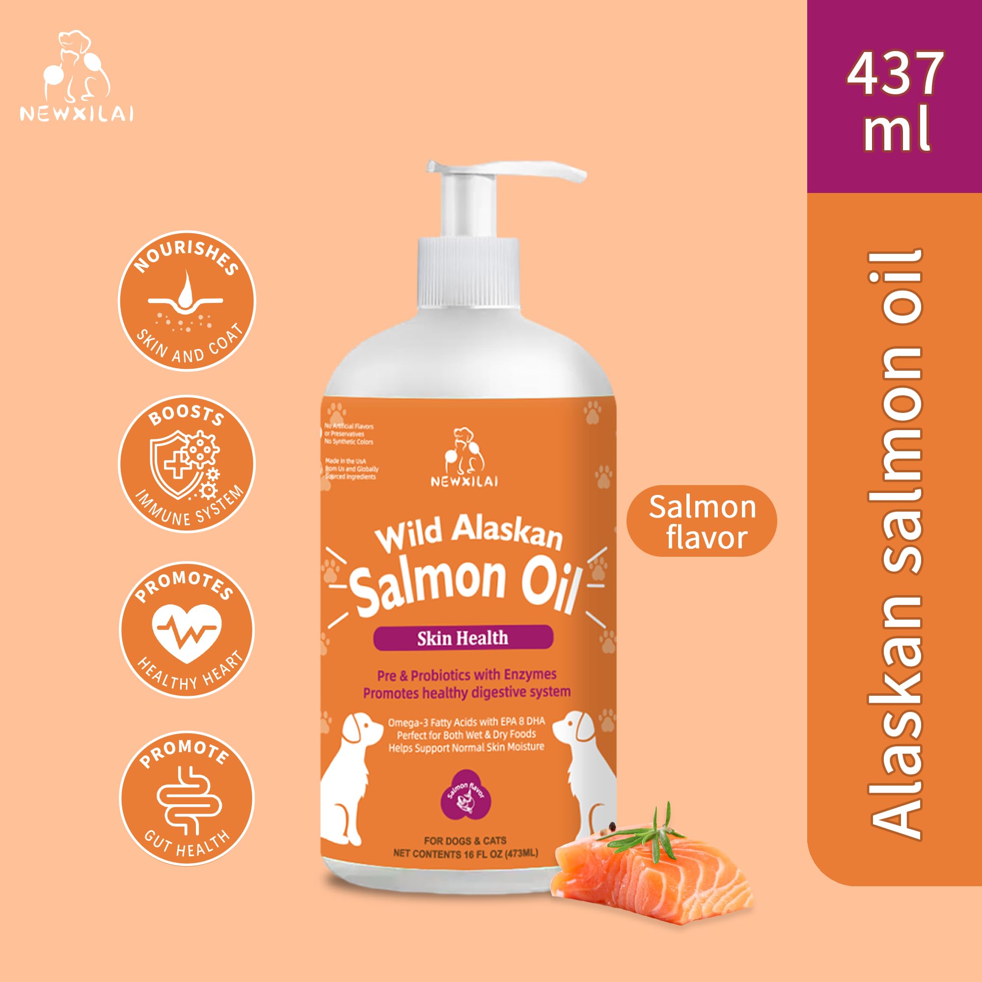 Wild Alaskan Salmon Oil for Pets - Pure Fish Omega 3 Liquid Dog & Cat Food Supplement Supports Skin, Coat, Joints, Immune System & Heart Health Natural Allergy EPA + DHA Essential Fatty Acids 16oz