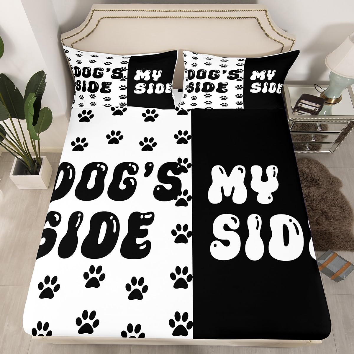 Cute Dog Paws Print Kids Sheet King Size,Dog Side My Side Bedding Set,Boys Girls Room Decor,Kawaii Puppy Animal Pet Rustic Black White Bed Sheet Set 4pcs(Fitted + Flat + 2 Pillowcases)