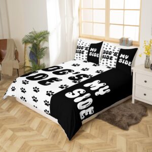 Cute Dog Paws Print Duvet Cover Set Queen Size,Dog Side My Side Bedding Set,Boys Girls Room Decor,Kawaii Puppy Animal Pet Rustic Comforter Cover,Black White Quilt Cover,2 Pillowcases(No Comforter)