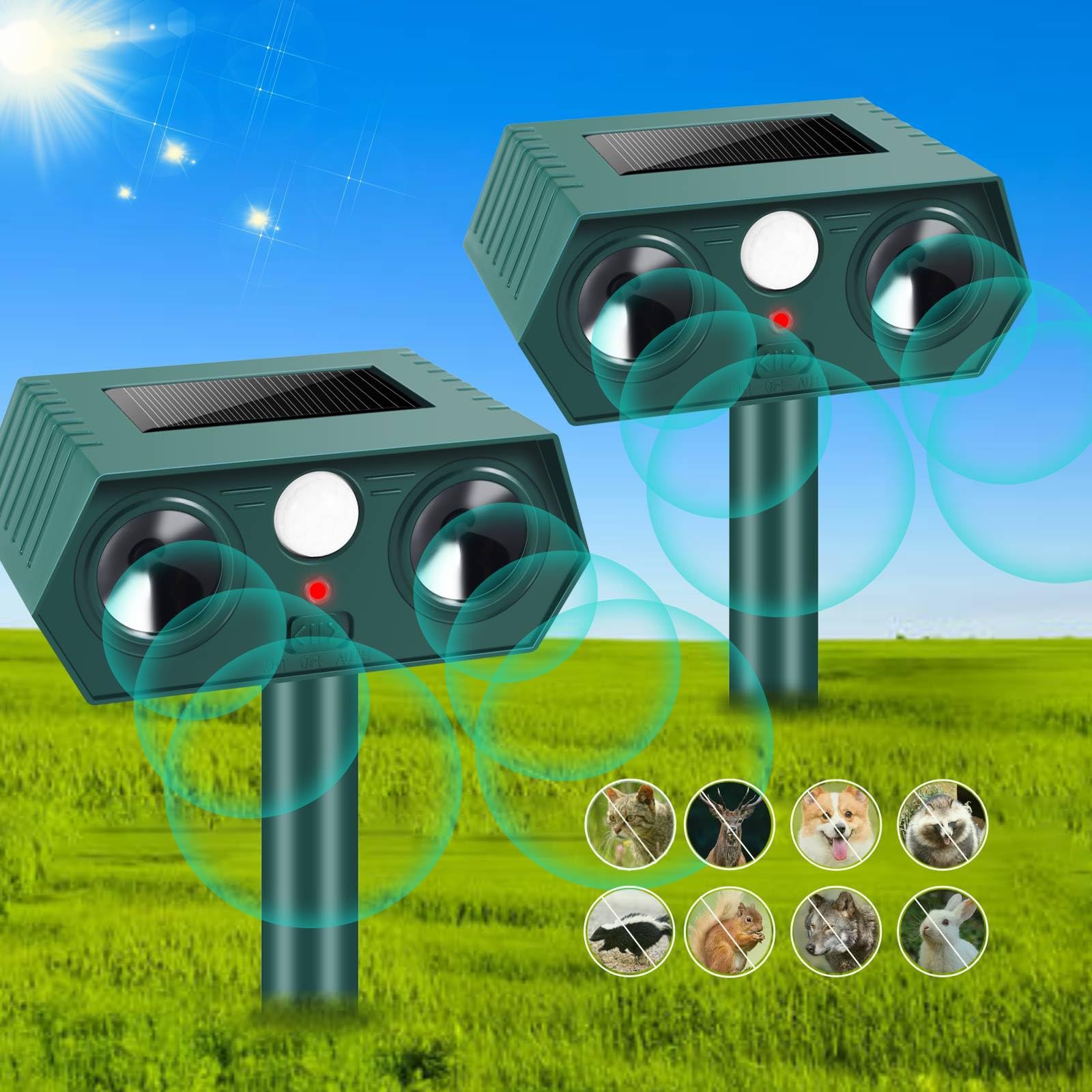 2 Pack Solar Animal Repeller Outdoor Ultrasonic Cat Deterrent with PIR Motion Sensor for Cat Deer Rabbit Skunk Dog Squirrel Raccoon, Waterproof Deer Repellent Raccoon Repellent Dog Repellent for Yard