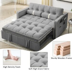 SPOWAY 3 in 1 Sleeper Sofa Couch Bed, 55'' Velvet Pull Out Bed Couch, Loveseats Sleeper with Storage Side Pocket, Adjustable Backrest and Lumbar Pillows for Living Room, Grey