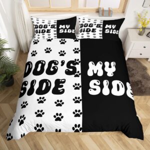 cute dog paws print duvet cover set queen size,dog side my side bedding set,boys girls room decor,kawaii puppy animal pet rustic comforter cover,black white quilt cover,2 pillowcases(no comforter)