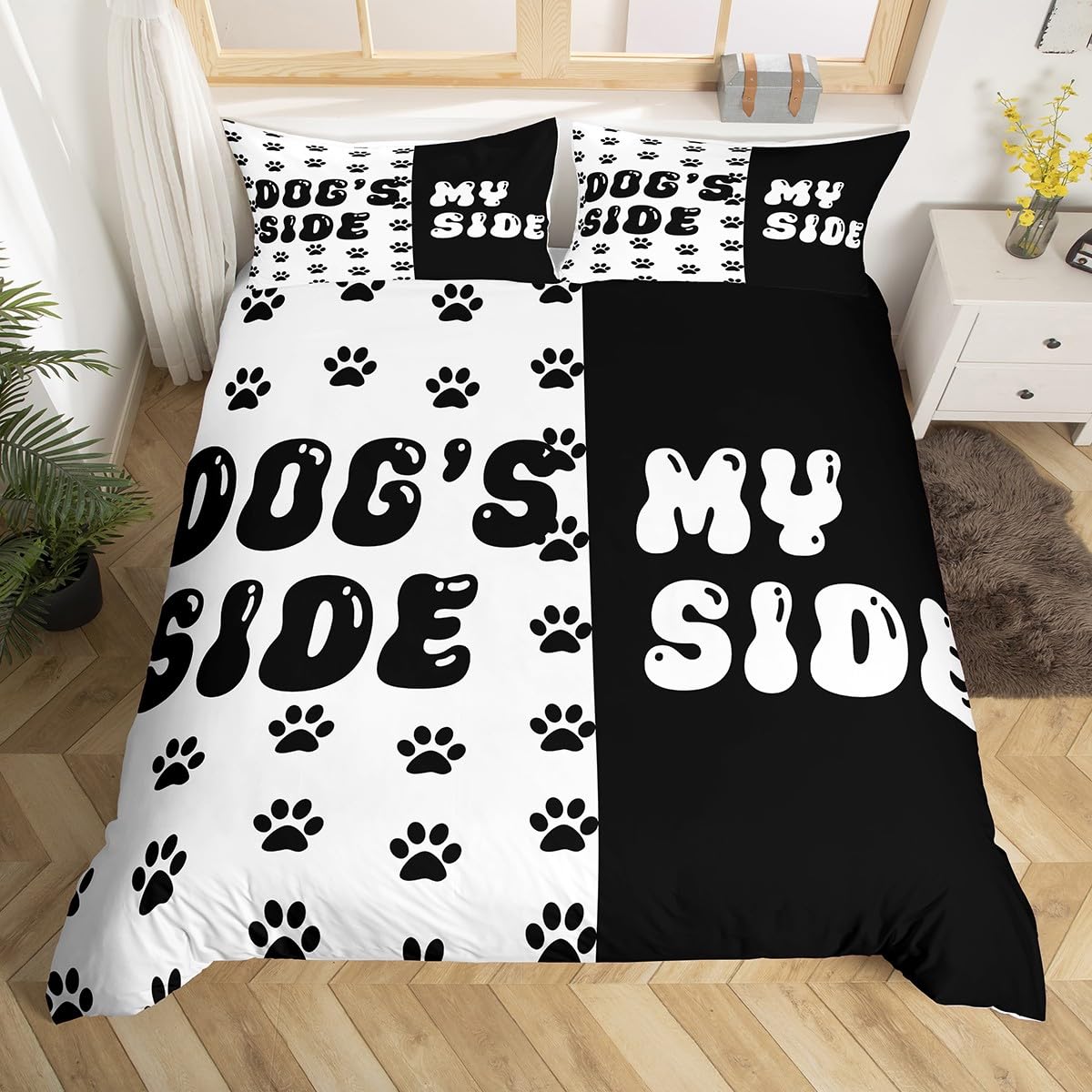 Cute Dog Paws Print Duvet Cover Set Queen Size,Dog Side My Side Bedding Set,Boys Girls Room Decor,Kawaii Puppy Animal Pet Rustic Comforter Cover,Black White Quilt Cover,2 Pillowcases(No Comforter)