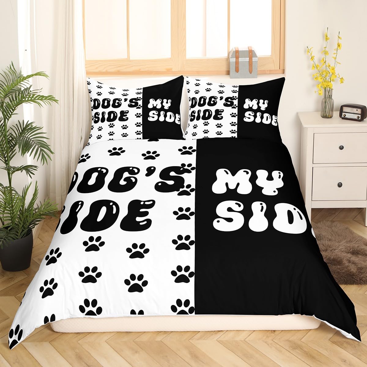 Cute Dog Paws Print Duvet Cover Set Queen Size,Dog Side My Side Bedding Set,Boys Girls Room Decor,Kawaii Puppy Animal Pet Rustic Comforter Cover,Black White Quilt Cover,2 Pillowcases(No Comforter)