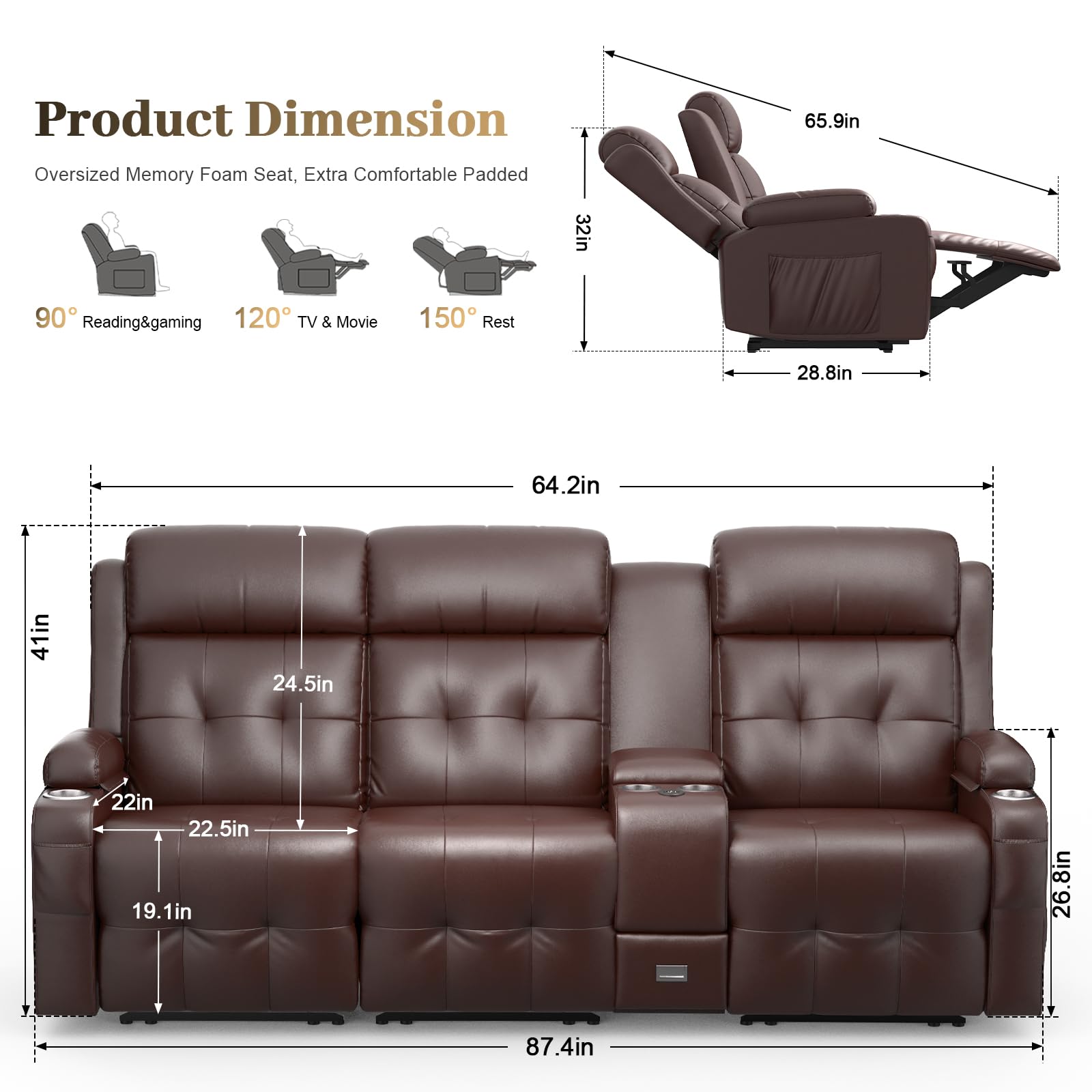 Recliner Sofa, 3 Seater Massage Reclining Loveseat Sofa Sets, 2 Single Power Recliner Chairs Heat & Massage, Heavy Weight Capacity, RV Clearance Love Seat Couch with Console, USB, Type C Port