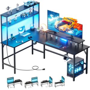 hldirect l shaped gaming desk, reversible 59 inch computer desk with power outlet & led lights- l shaped desk with shelves and monitor stand, carbon fiber corner desk with cup holder & 2 hooks