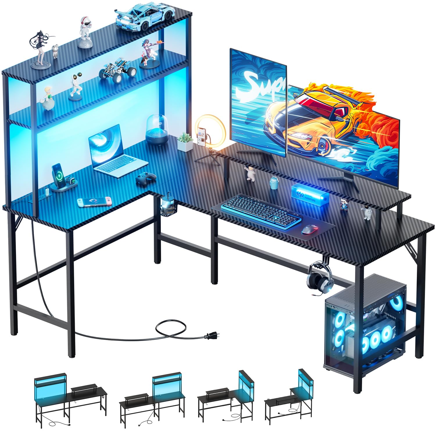 HLDIRECT L Shaped Gaming Desk, Reversible 59 Inch Computer Desk with Power Outlet & LED Lights- L Shaped Desk with Shelves and Monitor Stand, Carbon Fiber Corner Desk with Cup Holder & 2 Hooks