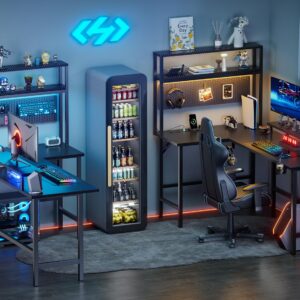 HLDIRECT L Shaped Gaming Desk, Reversible 59 Inch Computer Desk with Power Outlet & LED Lights- L Shaped Desk with Shelves and Monitor Stand, Carbon Fiber Corner Desk with Cup Holder & 2 Hooks